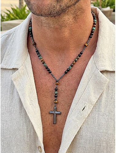  Pánský dlouhý bohémský náhrdelník s přírodními kameny, vícebarevný korálkový přívěsek s křížkem na dovolenou, cestování, každodenní nošení, styl v resortu a vrstvené výrazné looky