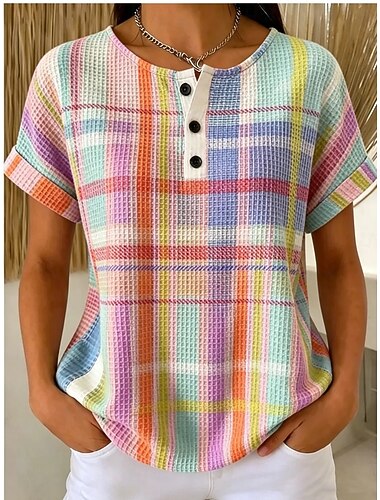  top da donna in maglia testurizzata waffle t-shirt sfumata grafica geometria elegante classico manica corta girocollo henley top regular sport quotidiano bianco arcobaleno estate primavera