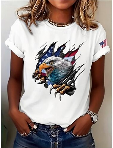  Amerykański Dzień Niepodległości Damskie Podkoszulek Nadruk Graficzny Flaga Litera Zabytkowe Moda Elegancki Krótki rękaw Półgolf Okrągły dekolt Zwykłe topy Codzienny Weekend Niebieski Biały Biały 2