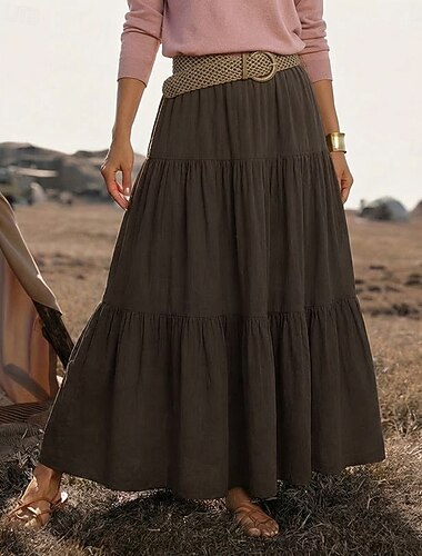 نسائي تنورة من الكتان والقطن الصناعي موضة كاجوال طويل للأرض خصر متوسط التنانير لون سادة مكشكش كشكش غير مطاطي مناسب للبس اليومي عطلة أسود نبيذ أرجواني بني الصيف بوليستر