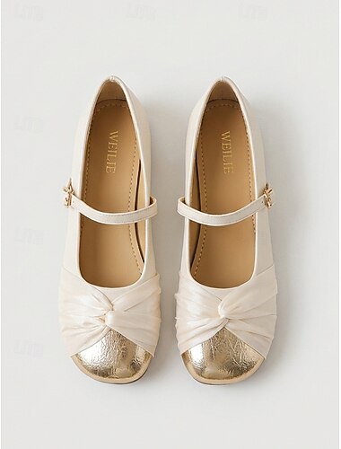  أحذية باليه أنيقة باللون البيج للنساء - أحذية مريحة سهلة الارتداء ذات مقدمة مستديرة وغطاء ذهبي معدني لإطلالة فرنسية أنيقة، مناسبة للتنقلات اليومية والارتداء الرسمي الأنيق في المكتب