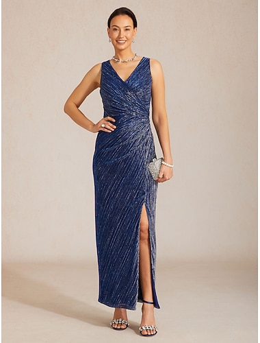  Damen Maxikleid Etui-Kleid Wickelkleid Elegant Abendgesellschaft Hochzeitsgast Plissiert Metallisch Normale Passform Einfarbig Ärmellos V Ausschnitt Marineblau