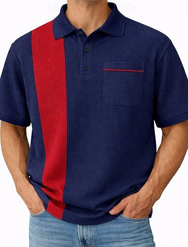  男性用 ワッフルポロシャツ テクスチャード加工 カジュアル 祝日 折襟 半袖 ベーシック 近代の カラーブロック カラーブロック ボタン 夏 春 ブルー ルビーレッド グリーン ワッフルポロシャツ