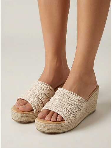  Women's Beige Woven Wedge Sandals - Resort Evening and Vacation Party Shoes