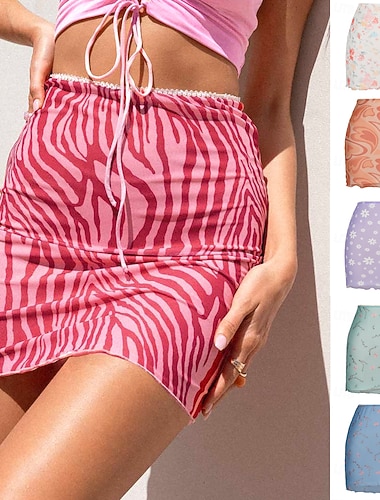  Damskie Spódnica wakacyjna Moda Codzienny Mini Wysoka talia Spódnice Kwiatowy Nadruk Średnio elastyczny Codzienny Ulica Niebieski Biały Fioletowy Fuksja Lato Poliester