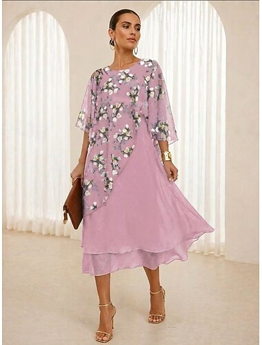  Dam Knälång klänning Chiffongklänningar Vardagsklänning Blommig klänning Elegant Mode Modern Utomhus Semester Fest Normal Blommig Halvlång ärm Rund hals Blå Rodnande Rosa Sommar Vår
