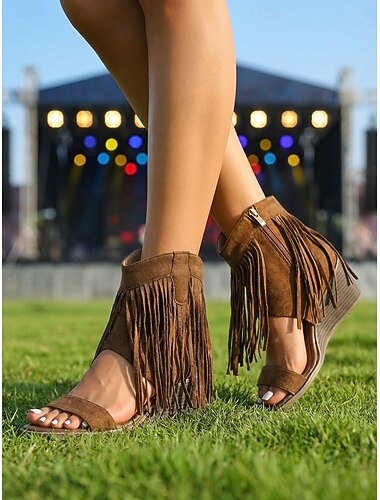  damsandaler med fransar och gladiatorklack – bohemiska klackskor med tofsmönster för musikfestivaler, sommarsemester och utomhusfester