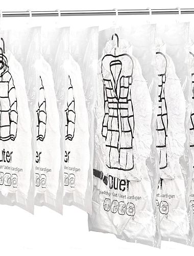  Confezione da 6 sacchetti sottovuoto riutilizzabili e salvaspazio con ganci. 3 pezzi da 67x90 cm e 3 pezzi da 67x110 cm. Compatibili con qualsiasi aspirapolvere.