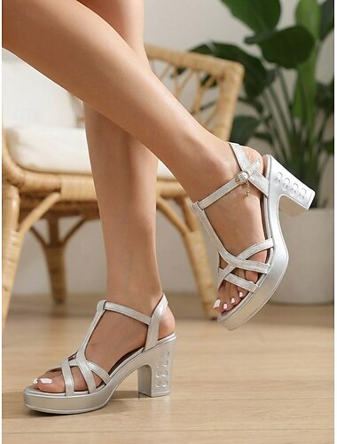  Sandalias de tiras plateadas brillantes para mujer: cómodas sandalias de plataforma con tacón de bloque para uso diario y fiestas de verano. &conjuntos casuales de moda