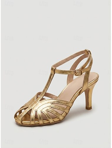  női 1920-as évekbeli Gatsby vintage sarkú szandál - pezsgőszínű T-pántos, tömbsarkú cipő csillogó strasszokkal a 20-as évekbeli partikra, esküvőkre és flapper jelmezekre