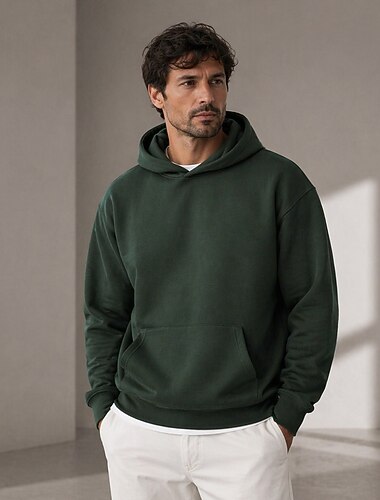  Men's Hoodie Terry Fabric Hooded Pullover Army Green Black