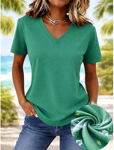  Mulheres Camiseta Camisa de algodão T-shirt Côr Sólida Moda à moda Básico Manga Curta Decote V Tops regulares Casual Diário Para Noite Branco Azul Marinha Verde Verão Primavera