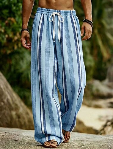  Homme Géométrique Rayé Blocage de couleurs Pantalons Pantalon décontracté Pantalons Amples Taille Moyenne Boho Maison Extérieur Vacances Taille élastique avec cordon de serrage Pantalon en lin avec