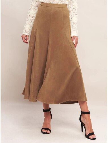  Mujer Falda de gamuza sintética Elegante Moda Casual Midi Alta cintura Faldas Plano Microelástico Diario Calle Caqui Primavera Ante 95 % poliéster, 5 % elastano