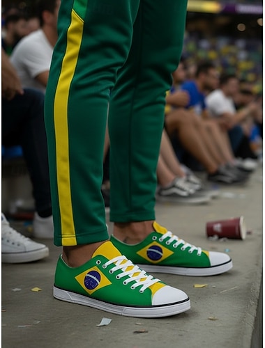  Sneakers da uomo in tela verde per tifosi di calcio: scarpe casual stringate nei colori del Brasile, perfette per le partite, gli eventi sportivi, lo streetwear e l'uso quotidiano.
