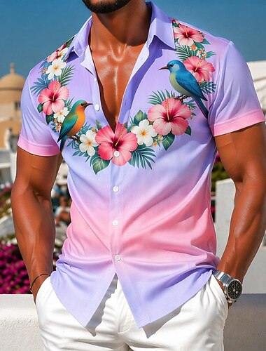  Voor heren Bloemenprint Tropische bloemen Overgangskleur Hawaiiaanse shirts Tropische shirts Aloha-shirt Korte mouw Hawaii Strand Vakantie Zomer Lente Strijkijzer 3D-afdrukken Overhemden met knoopjes