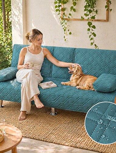  Capa impermeável para sofá-cama de 3 lugares com proteção para animais de estimação, capa acolchoada conversível dobrável com 2 apoios de braço removíveis e 1 suporte para acessórios.