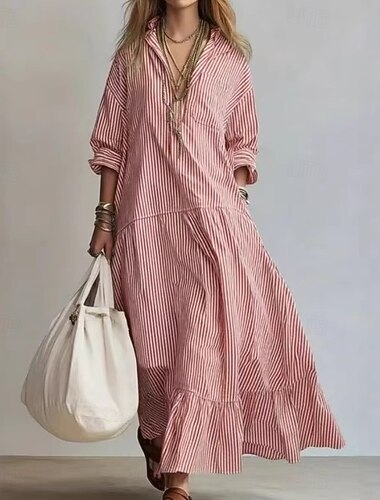  Per donna Abito maxi Vestito Estivo Abito a trapezio Vacanza Casual Spiaggia Quotidiano Uscire Abito Estivo Vestibilità comoda Grafico A righe Manica Lunga Bavero Blu Rosa Estate Primavera