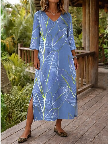  בגדי ריקוד נשים שמלת מקסי שמלת בוהו שמלת שיפט שמלת קיץ שמלת חוף בוהמיה חופשה אתני חוף חגים פגישה (דייט) מונח בצורה רפויה גראפי מופשט שרוול 4\3 צווארון V פול כחול סקיי סגול תלתן קיץ אביב