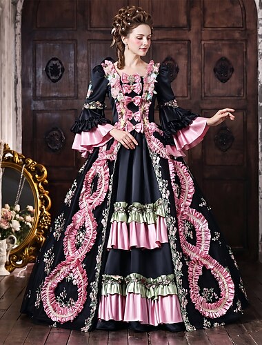  Rococo Barok Baljurk  Tot de grond Jurken Baljurk  Lange Mouwen Prinses Bruids Bloemig Baljurk Vierkante hals Kostuum Dames Koninklijk Halloween Carnaval Maskerade Schoolfeest Teaparty Feesten
