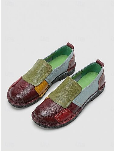  Dame gule flade sko i ægte kohud med farveblok, håndsyede slip-on sko, behageligt fodtøj med blød sål til daglig brug, rejser, ferie &afslappede udflugter