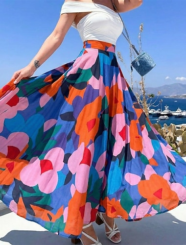  Dámské Dovolená sukně Elegantní Vinobraní Módní Na běžné nošení Maxi Vysoký pas Sukně Květinový Grafika Nabírané šaty Tisk Neelastické Denní Plážové Vodní modrá Bílá Léto 100% polyester
