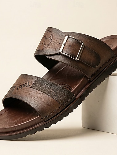  herre brune dobbeltremmede sandaler med åpen tå, spennedetalj, avslappede tøfler, komfortable sommersko for strandferie, reiser, feriestedbruk, friluftsliv og daglig varmt værstil