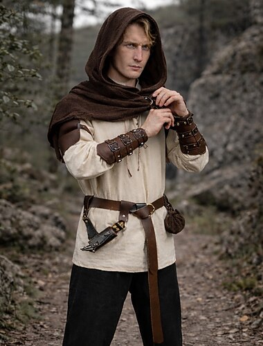  Medieval Renacimiento Pantalones Camisas capa con capucha Larga Arquero Pirata Ranger Acordonado Disfraz Hombre Pirata Mascarada Fiesta Feria del Renacimiento LARP Adulto Camisas Pantalones Armadura