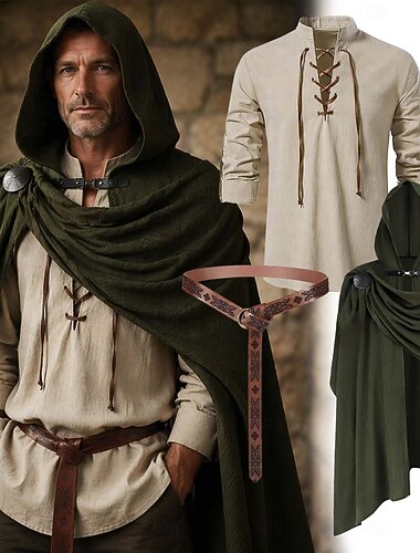  Conjunto Medieval Renascentista Cinto Camisa manto com capuz Manga Comprida Pirata Viking Fantasia Homens Dia Das Bruxas Carnaval Espetáculo LARP Ren Faire Adulto Camisa Cinto Capa