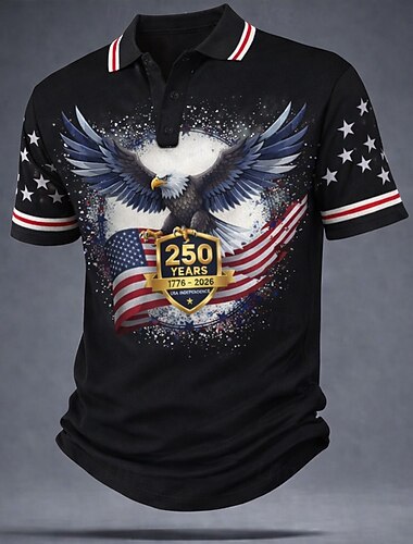  4 يوليو 2026، الذكرى 250 رجالي علم الولايات المتحدة الأمريكية قمصان البولو كم قصير قمصان البولو قميص بياقة كاجوال ملابس الشارع ملابس الرياضة Buttons خامة شبكية تسمح بمرور الهواء للربيع والصيف