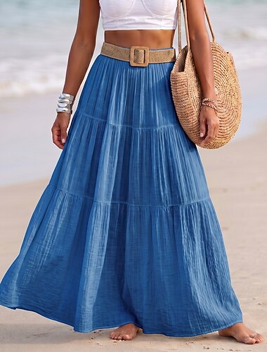  Mujer Mezcla de lino Falda de vacaciones Casual Maxi Alta cintura Faldas Rígido Playa Festivos Bleu Ciel Granate Mostaza amarilla Negro Verano