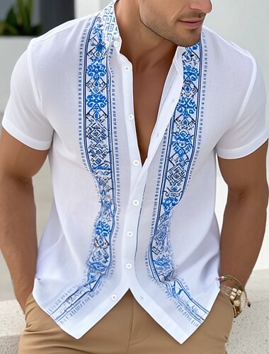  Per uomo Geometrico Etnico 钻石纹 Camicia Camicia Guayabera Camicia con Bottoni Manica Corta Vintage Retrò Quotidiano All'aperto Vacanza Estate Primavera Collo ripiegato Stampa 3D Camicia tipo lino Blu