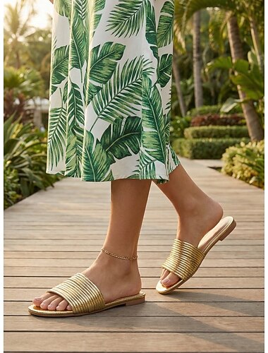  Sandales plates dorées pour femmes – sandales plates métallisées côtelées, idéales pour les vacances en station balnéaire et en plein air