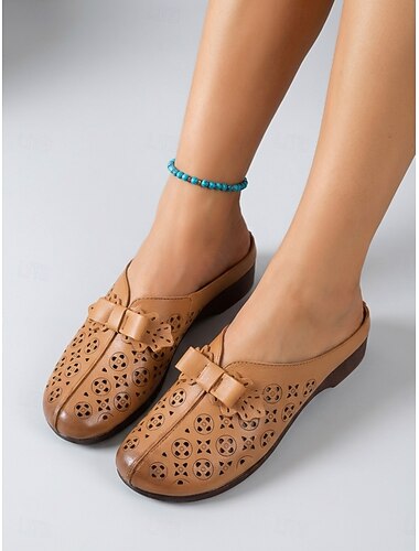  Dames muiltjes van camelkleurig leer met uitgesneden details, instappers met strikdecoratie, comfortabele schoenen met zachte zool voor dagelijks gebruik, reizen en tuinieren. &informele uitjes