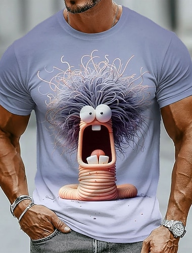  Herren-T-Shirt mit 3D-Motiv: Schreiender Wurm mit krausem Haar, lustiges, witziges Cartoon-Motiv, normale Passform, lässige Streetwear, Alltagsgeschenk, Designer-Kleidung, Größen: S, M, L, XL, XXL,