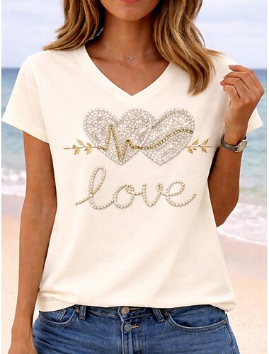  Mulheres Camiseta Imprimir Gráfico Letra Time de futebol à moda Clássico Casual Manga Curta Decote V Tops regulares Casual Diário Azul Preto Castanho Claro Bege Verão Primavera