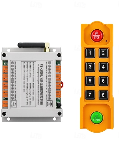  Industrielle drahtlose 8-Kanal-Funkfernsteuerung (433 MHz FSK-Frequenzsprungverfahren) für Krane, Hebezeuge, Winden und Hebezeuge, 8 Start/Stopp-Tasten, Universalempfänger (12–36 V DC, 100–240 V AC)