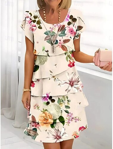  Mulheres Minivestido Vestido casual Vestido de chiffon Vestido floral vestidos peplum Elegante Moda Moderno Ao ar livre Férias Para Noite Normal Floral Manga Curta Gola Redonda Cáqui Verão Primavera