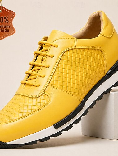  Baskets décontractées à lacets en cuir jaune pour homme, en cuir de vachette souple de qualité supérieure, chaussures urbaines élégantes pour homme, idéales pour un usage quotidien et les occasions sociales.
