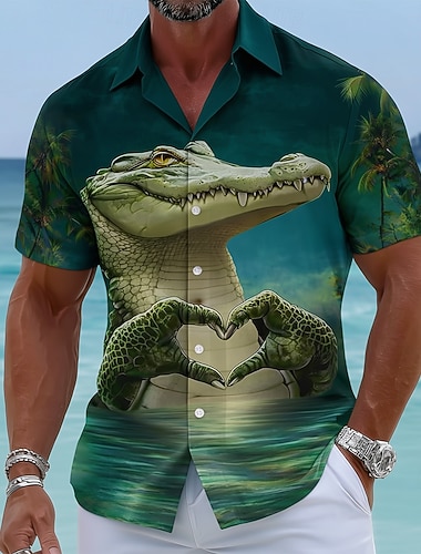  Herre Dyr Krokodillemønster Hjerteformet Hawaii skjorte Tropiske skjorter Aloha skjorte Kortermet Hawaiisk Morsom Feriereise Strand Klær Sommer Vår Aftæpning 3D-utskrift Skjorter med knapper Blå Grønn