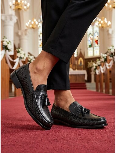  Herreloafers med kvast i ekte skinn, svarte, sofistikerte pensko til bryllup, forretningsantrekk og formelle anledninger