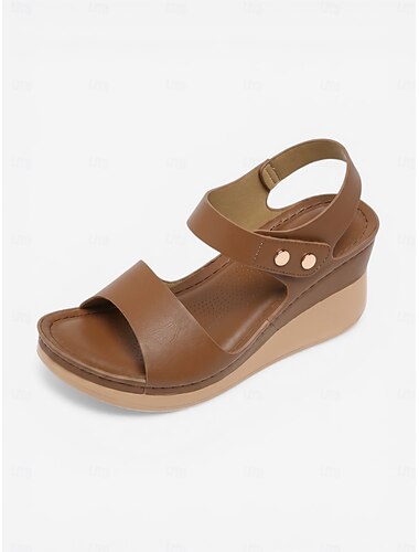  Damessandalen met sleehak en voetboogondersteuning in bruin – minimalistische sandalen met enkelbandje, lichtgewicht, verstelbare, comfortabele schoenen met demping voor wandelen, de hele dag door
