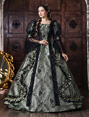  Rococo Barok Baljurk  Tot de grond Jurken Baljurk  Pof / ballon Prinses Bruids Kant Bloemig Baljurk Vierkante hals Kostuum Dames Koninklijk Halloween Carnaval Maskerade Teaparty Feesten & Uitgaan