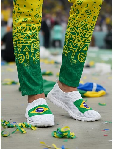  Slip-on-sneakers med brasiliansk flagg til herre – lette, avslappede nettingsko for fotballfans, reiser, sommerklær og kampdager