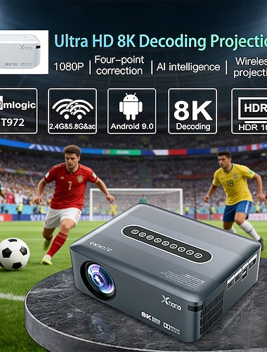  Smart projektor med innebygd 1080p-støtte, 8k-dekoding, Android 9.0 OS, dobbelt 5G Wi-Fi, HDR 10+ &Dolby Audio-filmprojektor for fotball-VM i 2026, utendørs, 4-punkts keystone-korreksjon
