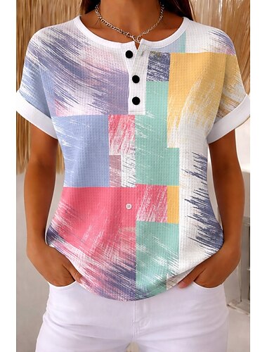  t-shirt waffle da donna top estivi color block stampa grafica geometrica piante vintage elegante classico manica corta girocollo girocollo top regular casual quotidiano verde arcobaleno estate