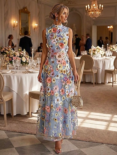  A-Linie Knöchellänge Cocktailkleider Elegant Blumen Ärmellos Hoher Ausschnitt Hochzeit Formell Spitze mit 3D-Blumen Stickerei Applikationen