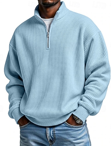  Herren Waffel-Poloshirts Polo Urlaub Straße Viertelreißverschluss Langarm Mode Basic Einfach Frühling Herbst Normale Passform Violett Marineblau Aprikose Schwarz Weiß Wein Waffel-Poloshirts
