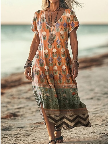  Damen Maxikleid Sommerkleid T-Shirt-Kleid A Linie Kleid Urlaub Lässig Strand Ausgehen Normale Passform Blumen Grafik Kurzarm V Ausschnitt Orange Grün Beige Sommer Frühling
