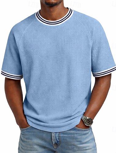  男性用 ワッフルTシャツ ティートップ 半袖 クルーネック 夏 純色 テクスチャード加工 ファッション デザイナー カジュアル スプライス ラグランスリーブ カジュアル 日常 アウトドア ライトブルー ブラック ライトグリーン メンズトップTシャツ
